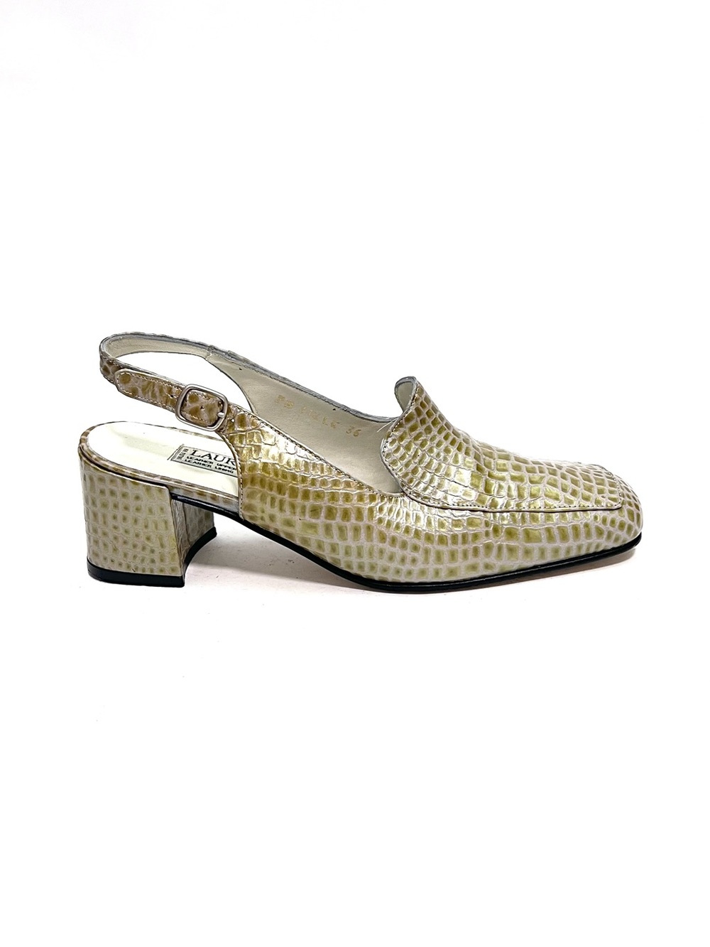 Vintage 1990s khaki green reptile embossed leather slingback mule heels